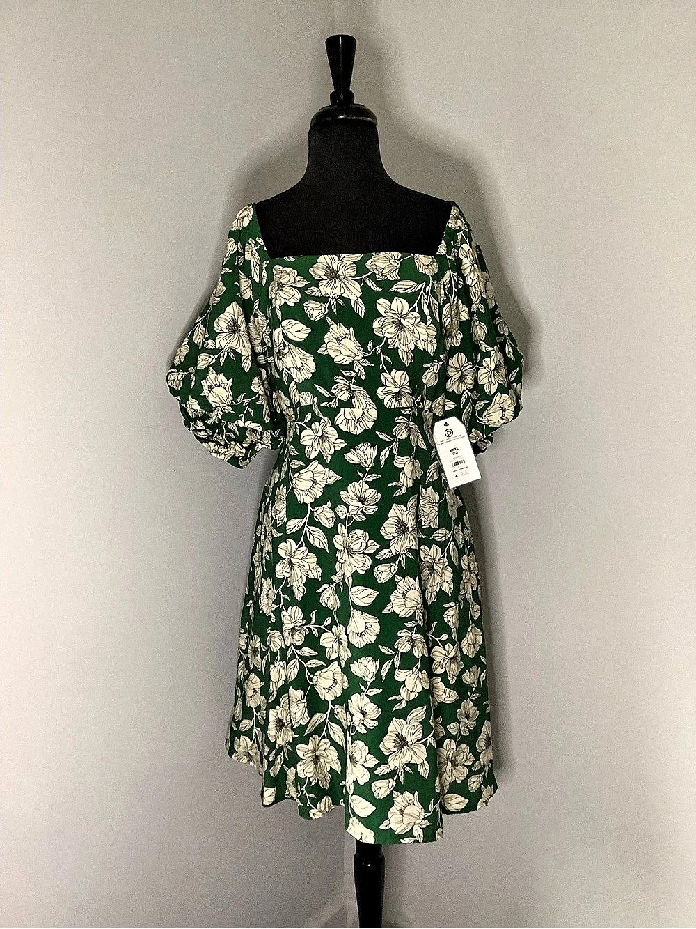Puff Sleeve Square Neck Midi Dress Floral Mini Dress Green & White
